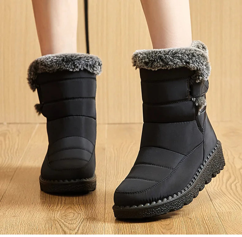 Damen Trendige Winterstiefel – Wasserdichte Knöchelstiefel mit Kunstfell Futter | Warme Low-Heel Schneestiefel für Damen