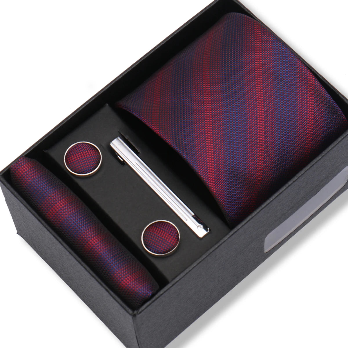 Herren Jacquard-Krawatten-Set 8 cm – Elegante Krawatte mit Einstecktuch, Manschettenknöpfen & Krawattenklammer | Luxus-Geschenkbox für Hochzeit & Business