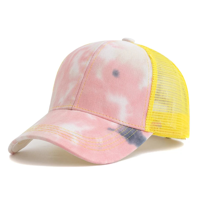Neue Damen Ponytail Kappe | Tie-Dye Baseballkappe | Streetwear Trucker Hat Kaufschwan® Gelb 56cm-60cm