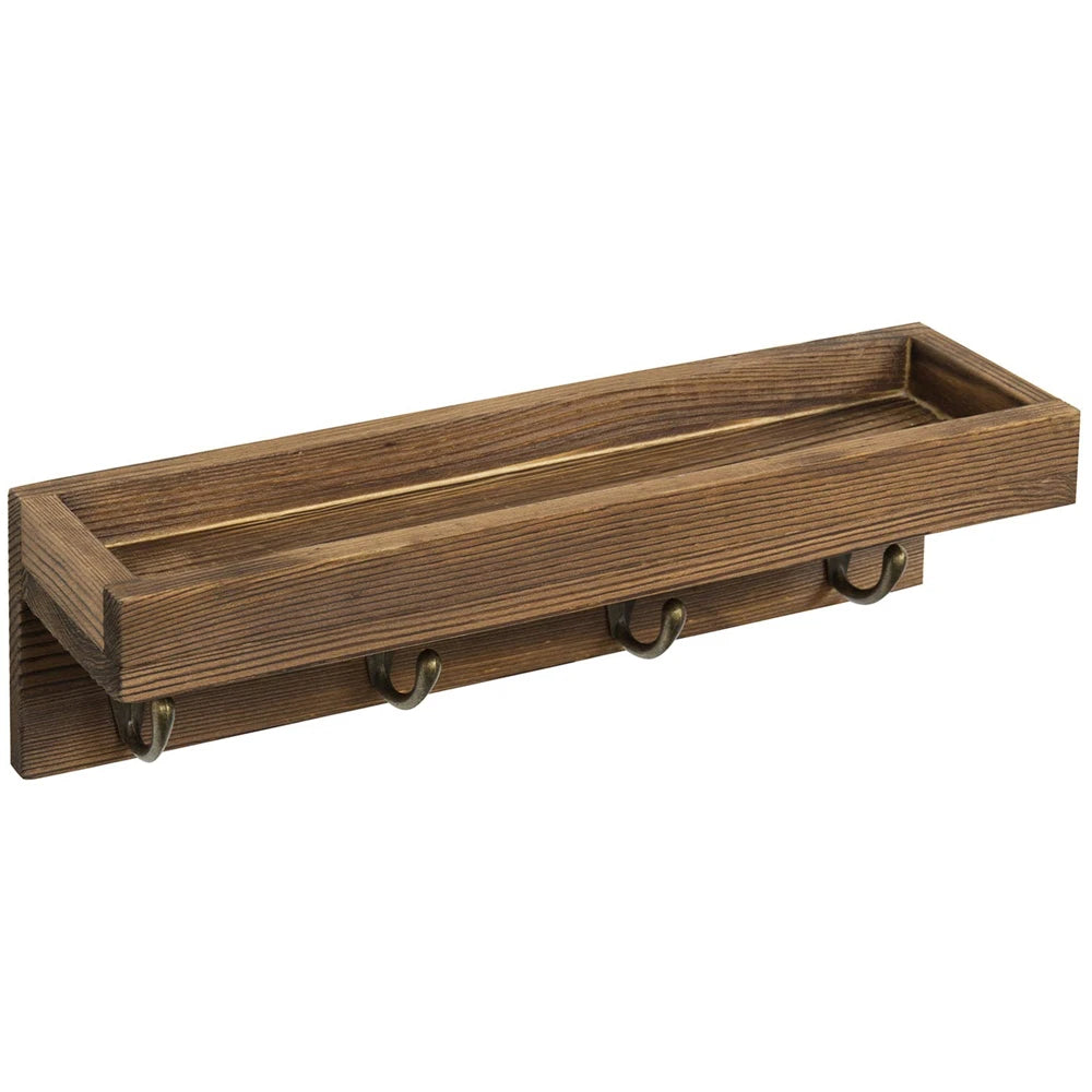 Schlüsselhalter aus Holz mit Ablage – Rustikaler Wand Organizer | Schwimmendes Regal mit 4 Metallhaken für Schlüssel, Leine, Sonnenbrille & Deko