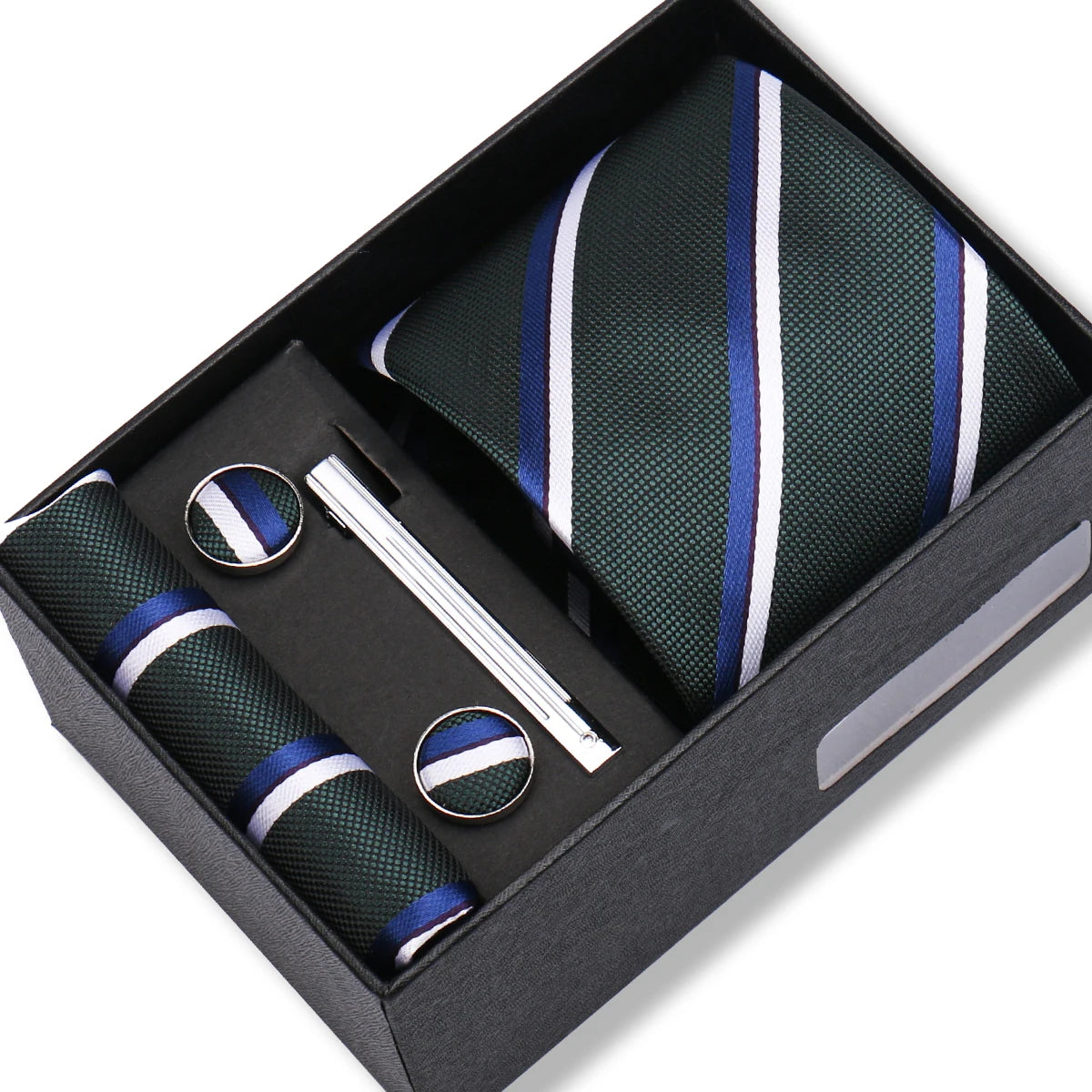 Herren Jacquard-Krawatten-Set 8 cm – Elegante Krawatte mit Einstecktuch, Manschettenknöpfen & Krawattenklammer | Luxus-Geschenkbox für Hochzeit & Business