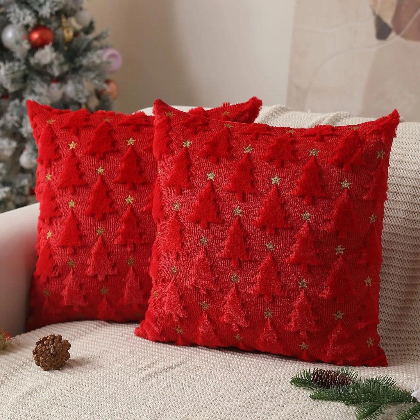 45x45cm Weihnachts Kissenbezug – Gestepptes Plüsch Design | Stern & Tannenbaum Motiv Sofakissen Bezug für Wohnzimmer Deko
