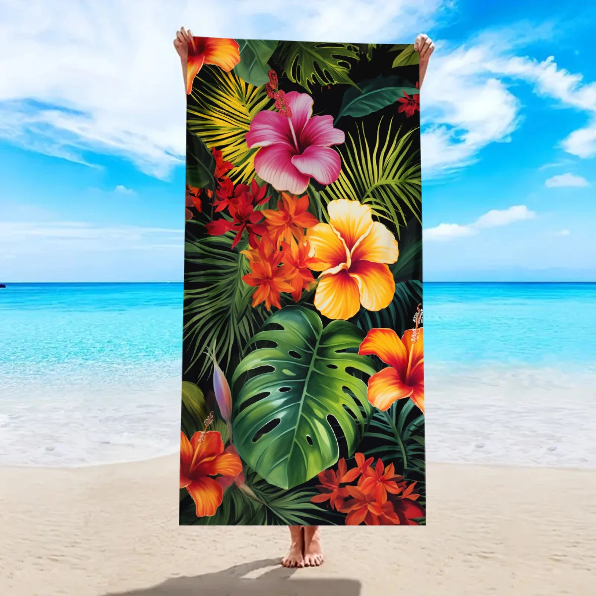 Tropisches Blumen Strandtuch – Schnell Trocknendes & Saugfähiges Mikrofaser Handtuch | Leichtes Reisehandtuch für Sport, Yoga, Schwimmen & Camping