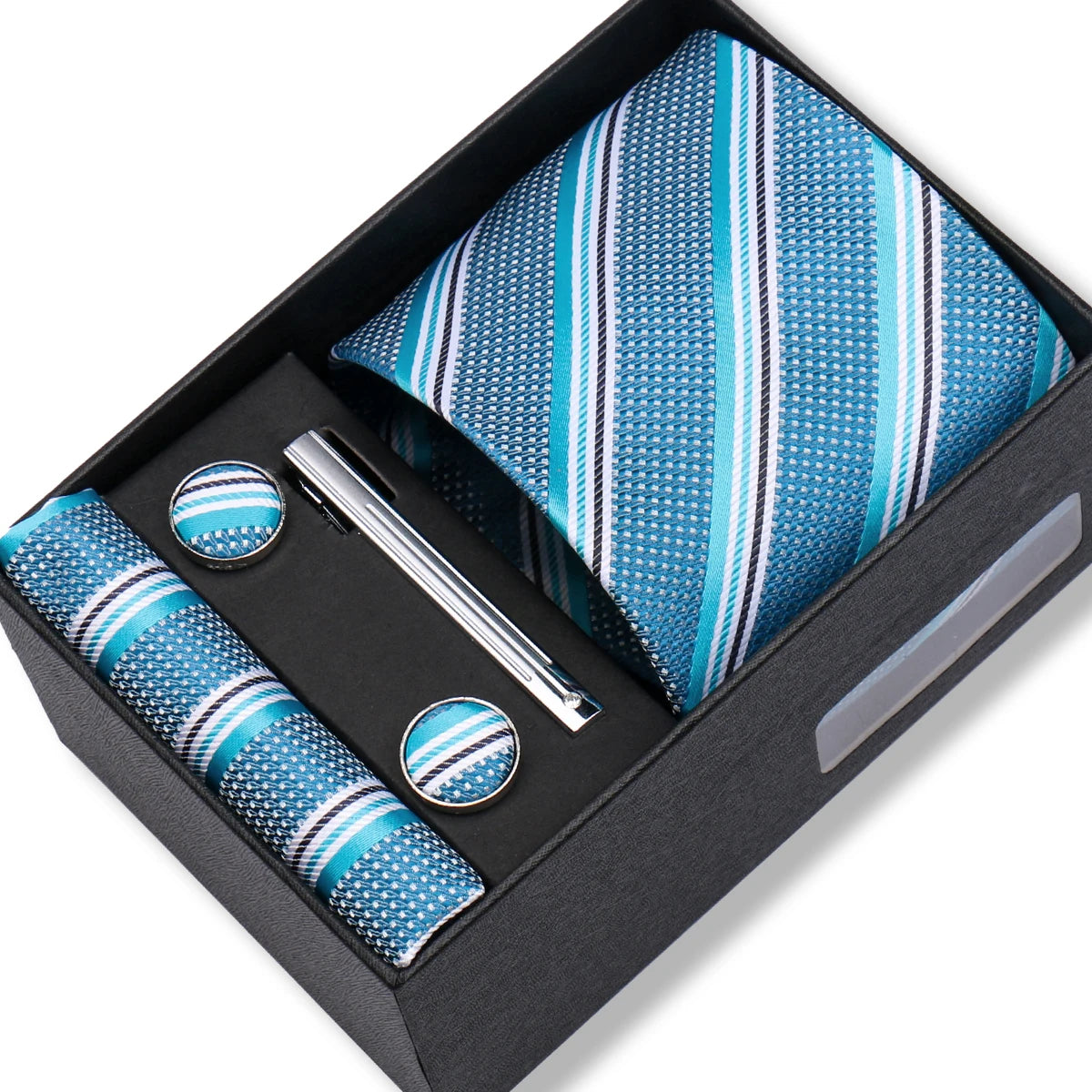 Herren Jacquard-Krawatten-Set 8 cm – Elegante Krawatte mit Einstecktuch, Manschettenknöpfen & Krawattenklammer | Luxus-Geschenkbox für Hochzeit & Business