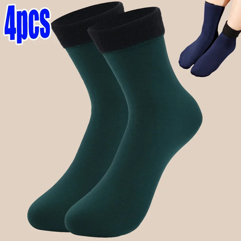 Winter Thermosocken für Damen | Samt Nylon Plüsch Fleece Gefüttert | -30°C Warm, Nahtlos Verdickt Schneesocken | Unisex Bequeme Haussocken Kaufschwan® Schwärzlich grün - 4 Stück