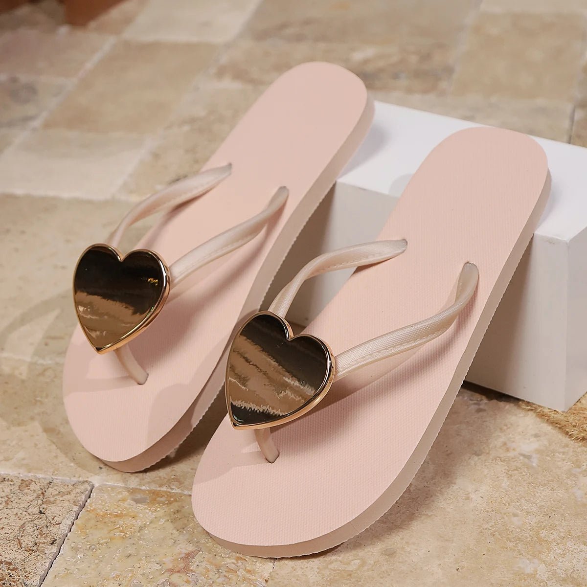 Damen Sommer Flip-Flops | Herz-Design Slipper | Freizeit-, Strand- & Hausschuhe | Größe 43 Kaufschwan® Beige 38-39
