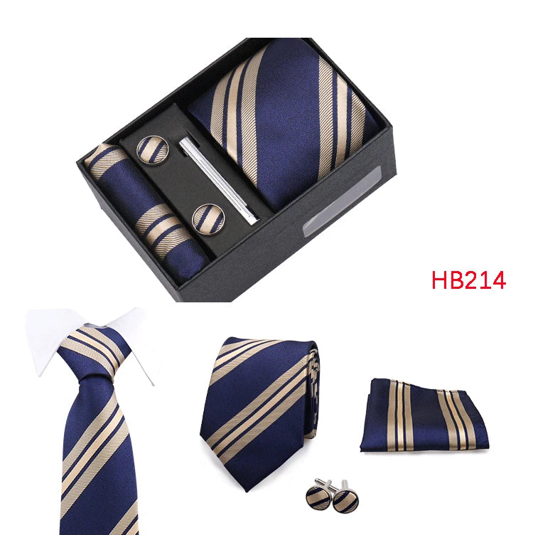 Herren Jacquard-Krawatten-Set 8 cm – Elegante Krawatte mit Einstecktuch, Manschettenknöpfen & Krawattenklammer | Luxus-Geschenkbox für Hochzeit & Business Kaufschwan®