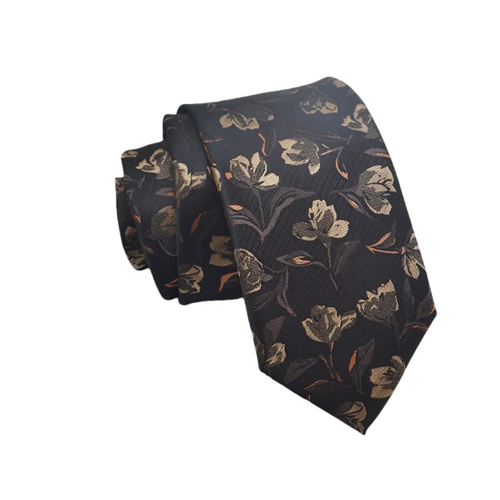 Herren Jacquard-Krawatte 8 cm – Hochwertige Krawatte mit Punkt- & Blumenmuster | Elegantes Accessoire für Business, Büro & Hochzeit Kaufschwan® Dunkelbraun mit goldenem Muster