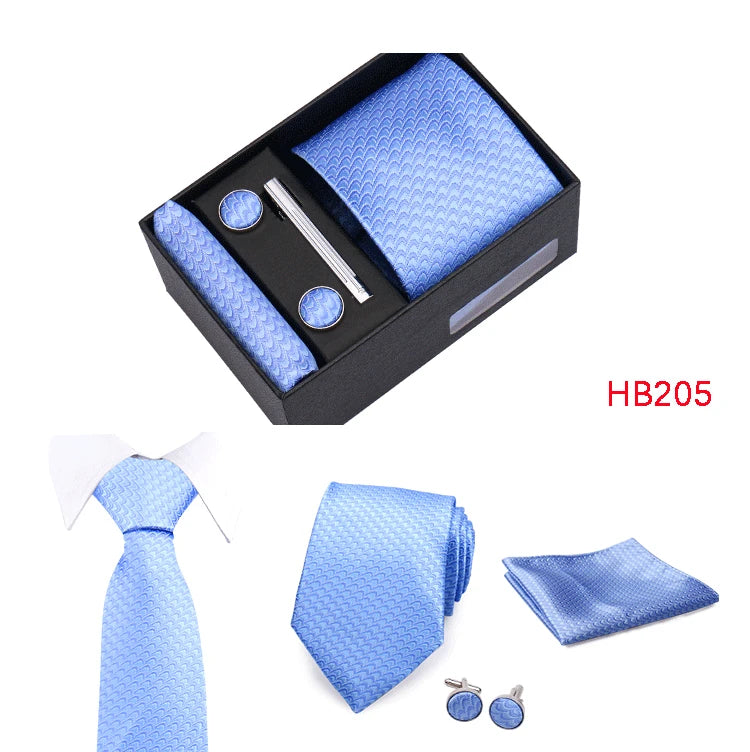 Herren Jacquard-Krawatten-Set 8 cm – Elegante Krawatte mit Einstecktuch, Manschettenknöpfen & Krawattenklammer | Luxus-Geschenkbox für Hochzeit & Business Kaufschwan®