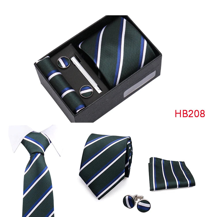 Herren Jacquard-Krawatten-Set 8 cm – Elegante Krawatte mit Einstecktuch, Manschettenknöpfen & Krawattenklammer | Luxus-Geschenkbox für Hochzeit & Business Kaufschwan®