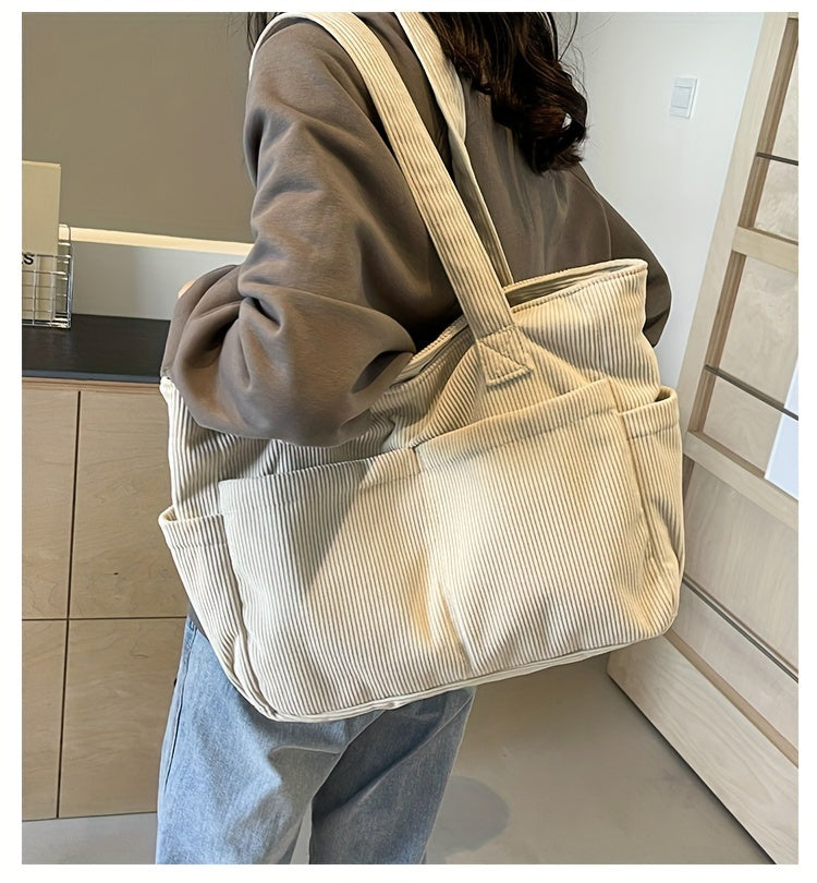 Damen Casual Cord Tote Bag – Gestreifte Schultertasche mit Reißverschluss | Große Kapazität Handtasche für Alltag & Shopping Kaufschwan®