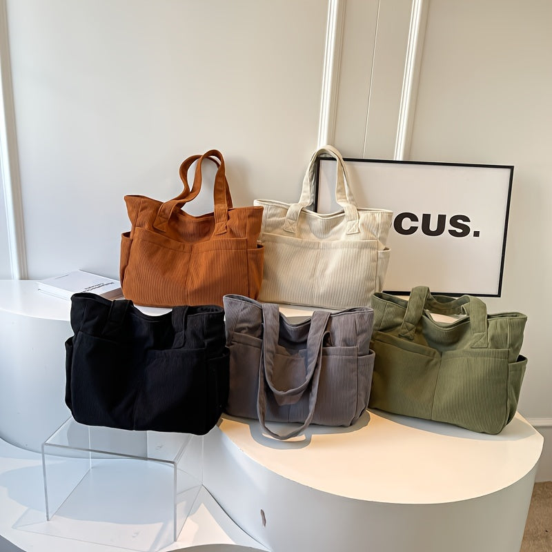 Damen Casual Cord Tote Bag – Gestreifte Schultertasche mit Reißverschluss | Große Kapazität Handtasche für Alltag & Shopping Kaufschwan®