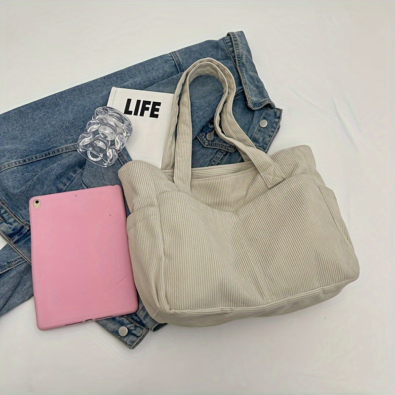Damen Casual Cord Tote Bag – Gestreifte Schultertasche mit Reißverschluss | Große Kapazität Handtasche für Alltag & Shopping Kaufschwan®