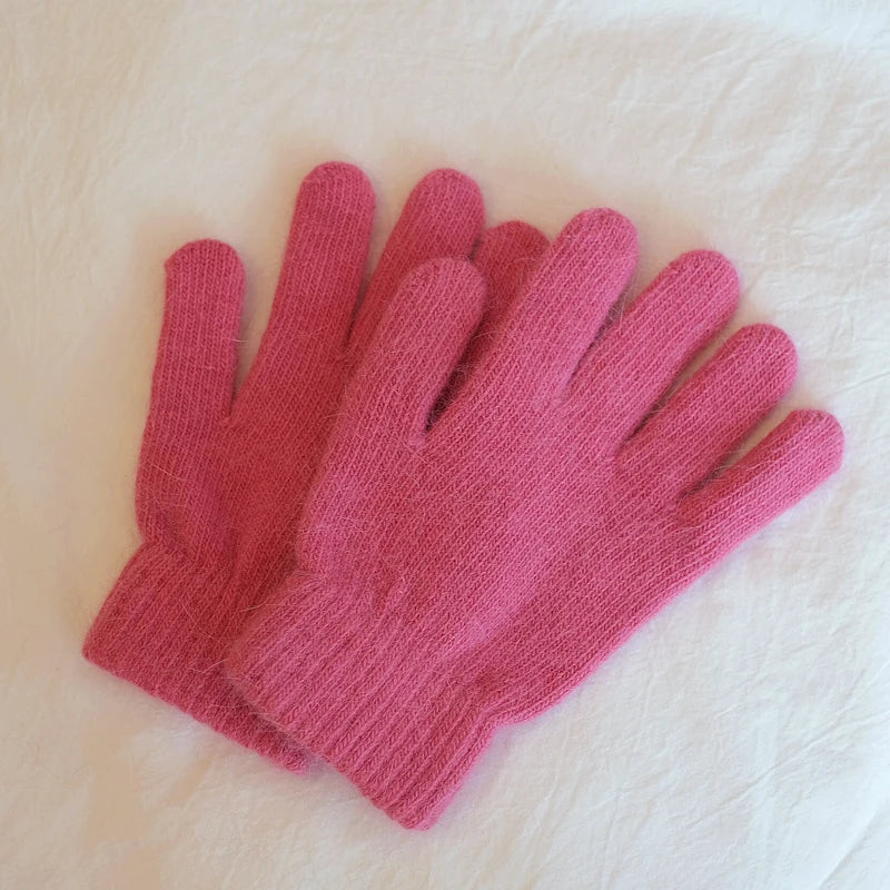 Bunte Strickhandschuhe – Damen Winter Fäustlinge mit Fell | Flauschige Warme Handschuhe für Frauen & Mädchen Kaufschwan® Rosenrot Einheitsgröße