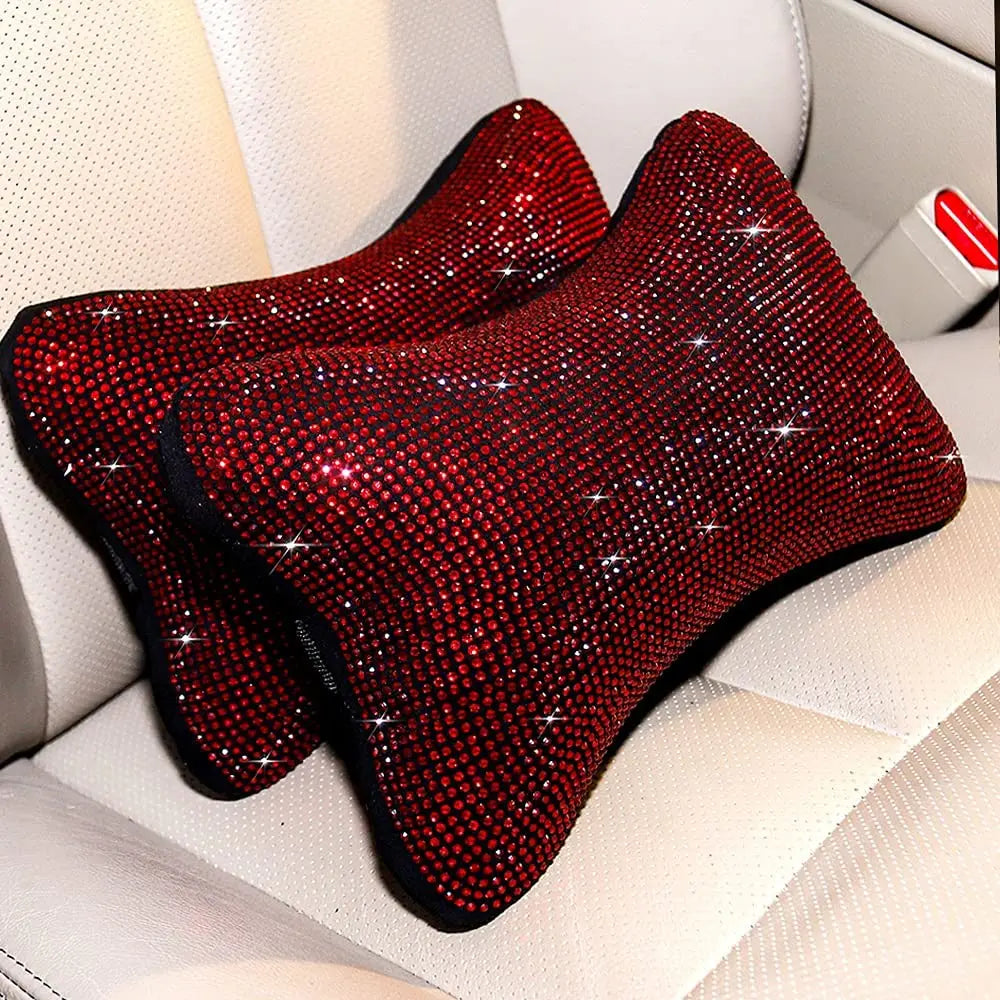 Funkelndes Strass-Auto-Nackenkissen-Set – Regenbogenfarbene Kopfstützenkissen für Fahrer- & Beifahrersitz Kaufschwan® Rot– 2 Stück