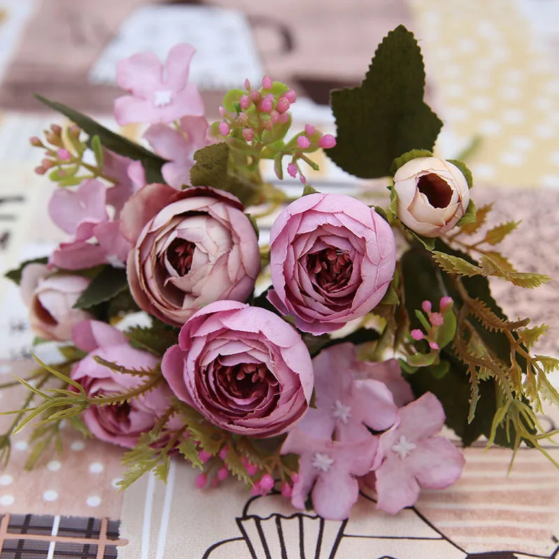 Herbstliche Künstliche Teerosen & Gerbera Seidenblumen – Kunstblumenstrauß für Hochzeit, Zuhause & Raumdekoration Kaufschwan® Altrosa