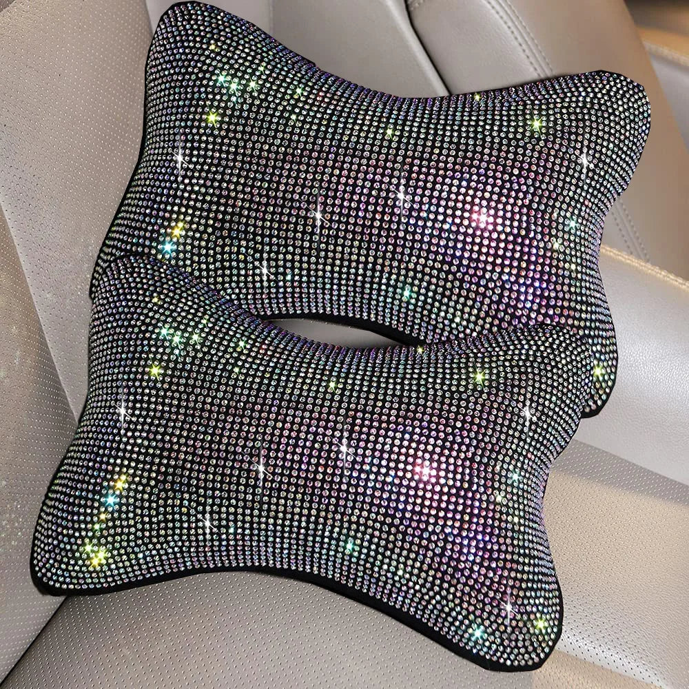 Funkelndes Strass-Auto-Nackenkissen-Set – Regenbogenfarbene Kopfstützenkissen für Fahrer- & Beifahrersitz Kaufschwan® Bunte– 2 Stück