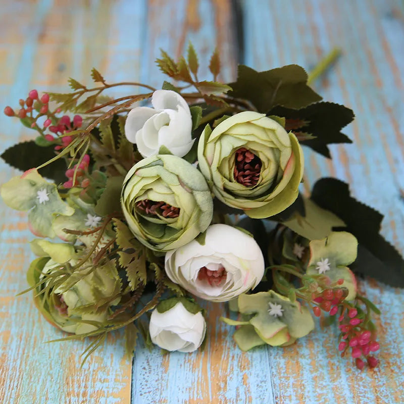 Herbstliche Künstliche Teerosen & Gerbera Seidenblumen – Kunstblumenstrauß für Hochzeit, Zuhause & Raumdekoration Kaufschwan®