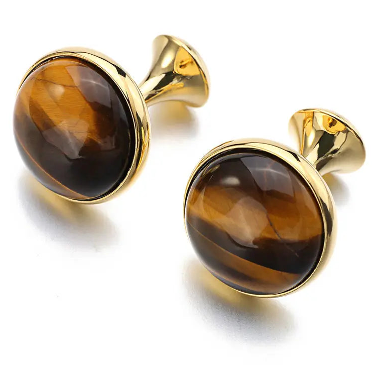 Herren Manschettenknöpfe mit Tigerauge Stein – Vergoldetes Runddesign | Luxus Stil Ärmelknöpfe für Hemden & Geschenkbox Kaufschwan®