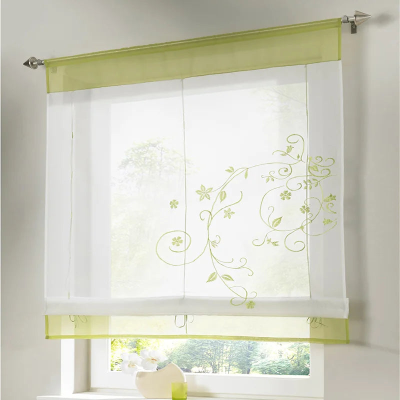 Floral Römischer Tüll Vorhang im Europäischen Stil für Küche Café Fenster Dekoration Kaufschwan® Weiß - Hellgrün W100cmxH140cm