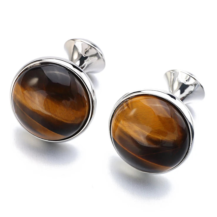 Herren Manschettenknöpfe mit Tigerauge Stein – Vergoldetes Runddesign | Luxus Stil Ärmelknöpfe für Hemden & Geschenkbox Kaufschwan®