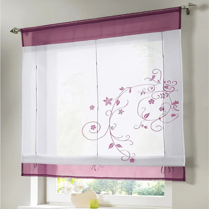 Floral Römischer Tüll Vorhang im Europäischen Stil für Küche Café Fenster Dekoration Kaufschwan® Weiß - Rosa W80cmxH100cm