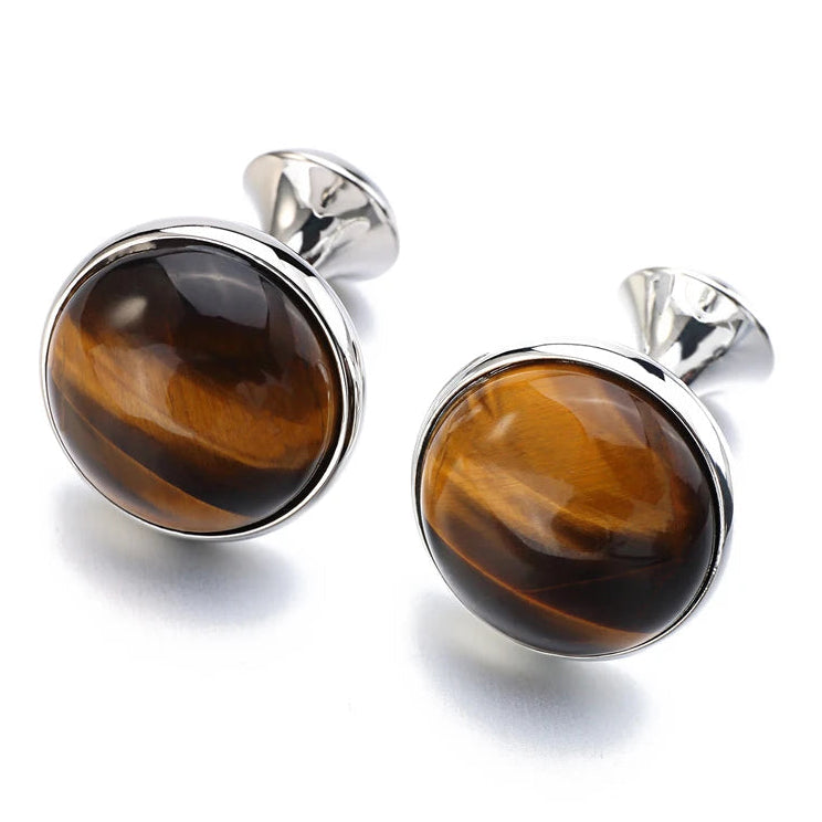 Herren Manschettenknöpfe mit Tigerauge Stein – Vergoldetes Runddesign | Luxus Stil Ärmelknöpfe für Hemden & Geschenkbox Kaufschwan®