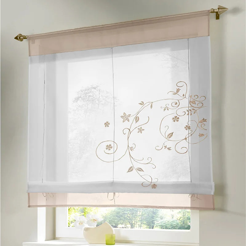 Floral Römischer Tüll Vorhang im Europäischen Stil für Küche Café Fenster Dekoration Kaufschwan® Weiß - Beige W100cmxH140cm