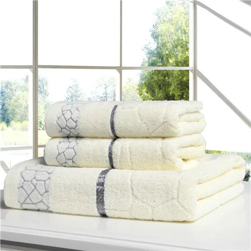 3-teiliges Baumwoll Handtuch Set – 2 Gesichtstücher (34×72cm) + 1 Großes Duschtuch (70×140cm) | Weich, Saugfähig & Stilvolles Rosa Geometrisches Design Kaufschwan® Beige 34*72* + 70*140cm