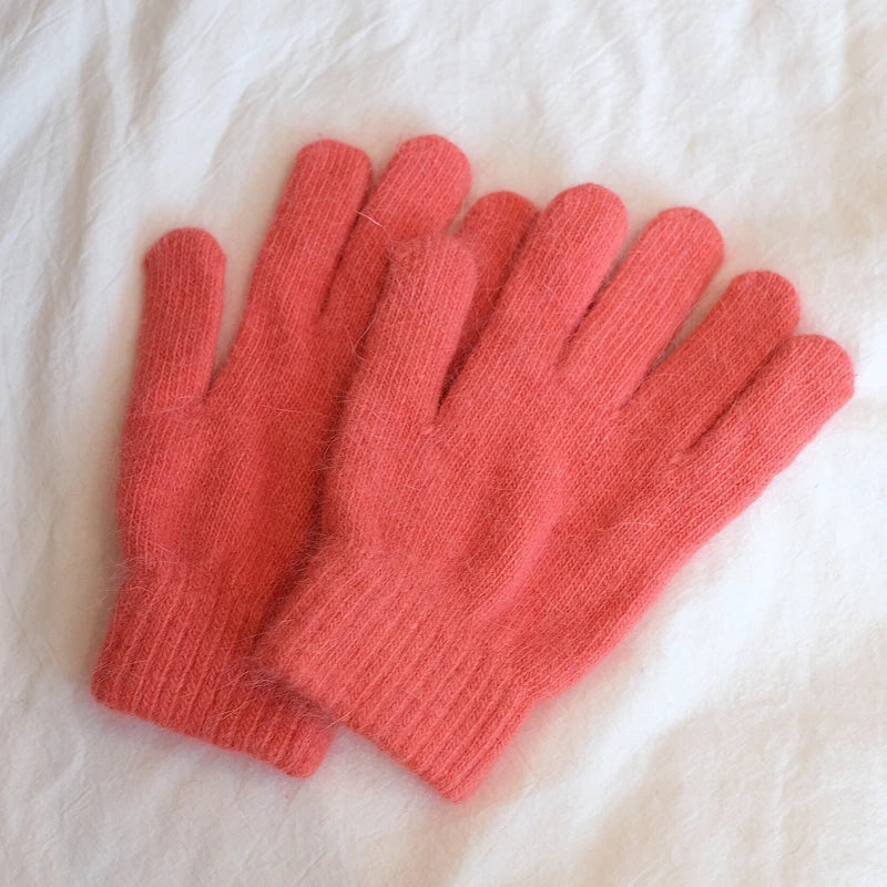 Bunte Strickhandschuhe – Damen Winter Fäustlinge mit Fell | Flauschige Warme Handschuhe für Frauen & Mädchen Kaufschwan® Korallenrot Einheitsgröße