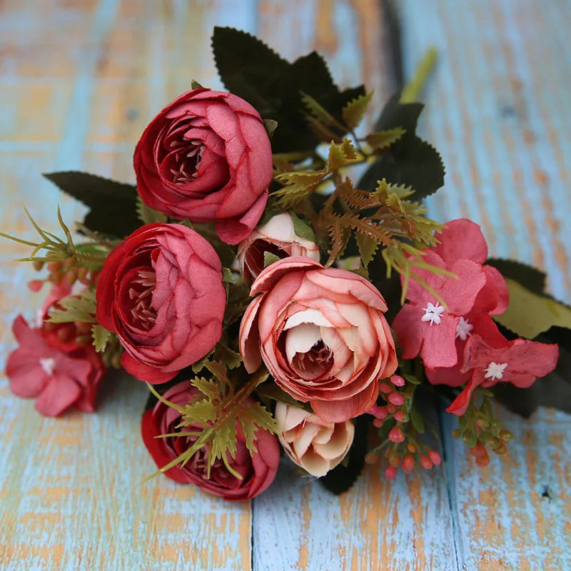 Herbstliche Künstliche Teerosen & Gerbera Seidenblumen – Kunstblumenstrauß für Hochzeit, Zuhause & Raumdekoration Kaufschwan®