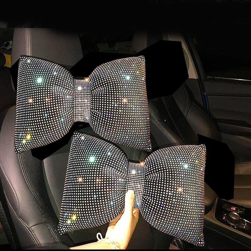 Funkelndes Strass-Auto-Nackenkissen-Set – Regenbogenfarbene Kopfstützenkissen für Fahrer- & Beifahrersitz Kaufschwan® Bunte Schleife-2 Stück