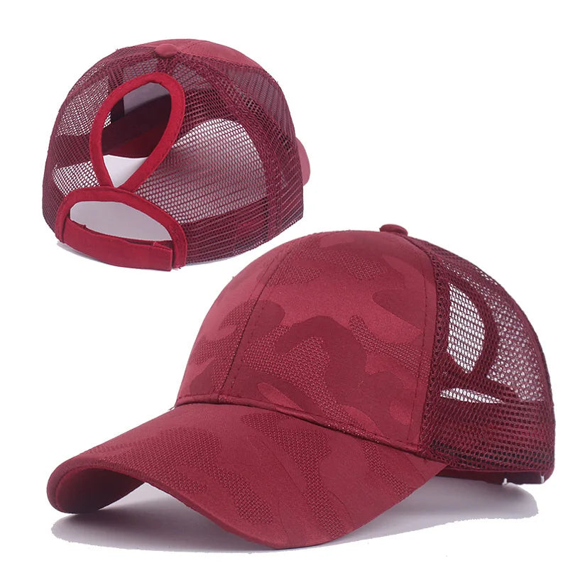 2024 Neue Sommer Camouflage Mesh Trucker Hut | Damen Snapback Baseballkappe | Messy Hair Bun & Ponytail Freundlich Kaufschwan® Rot