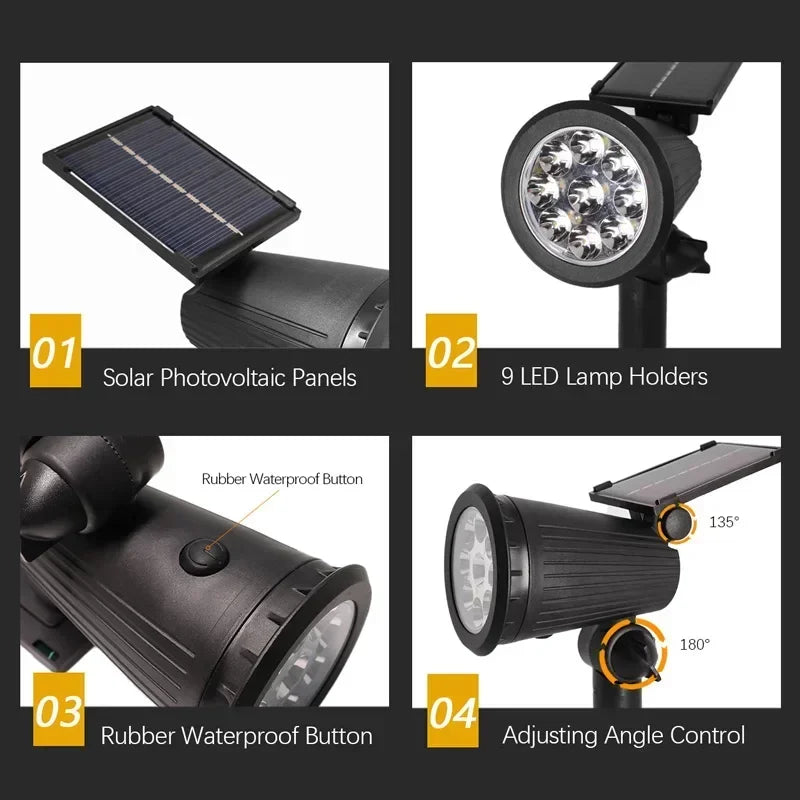 9 LEDs Solar-Strahler – IP65 Wasserdicht, Helligkeit Einstellbar, Außenbeleuchtung für Garten, Hof, Einfahrt & Terrasse Kaufschwan®