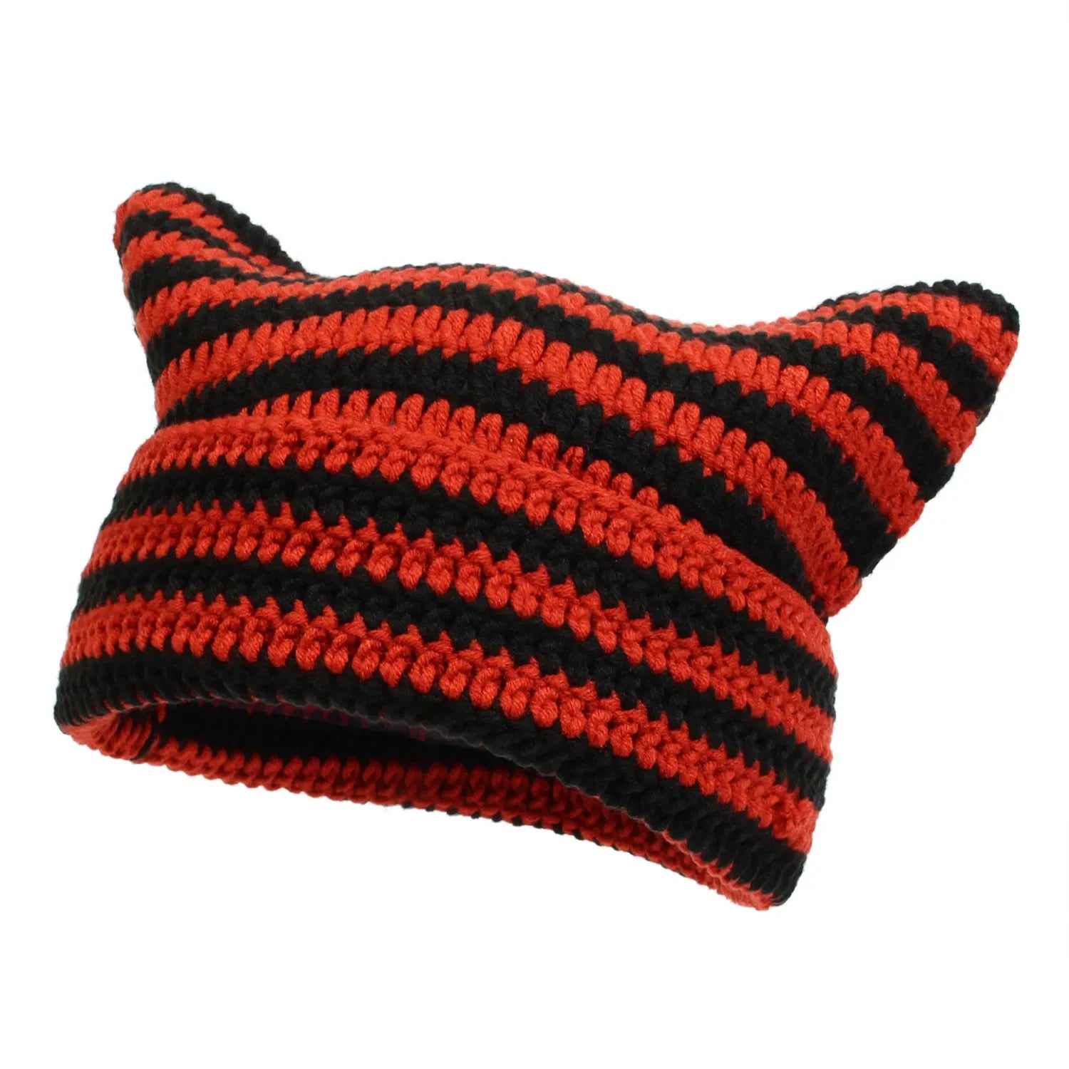 Häkelmütze mit Katzenohren – Weiche Acryl Wintermütze für Damen | Gestreifte Warme Beanie Mütze Geschenk Kaufschwan® Rot - Schwarz