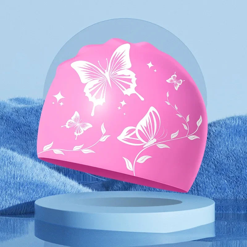 Wasserdichte Schwimmkappe mit Schmetterlingsmuster – Elastische Silikon Schwimmhaube für Langes Haar & Ohrenschutz | Unisex Erwachsene Kaufschwan® Rosa Einheitsgröße