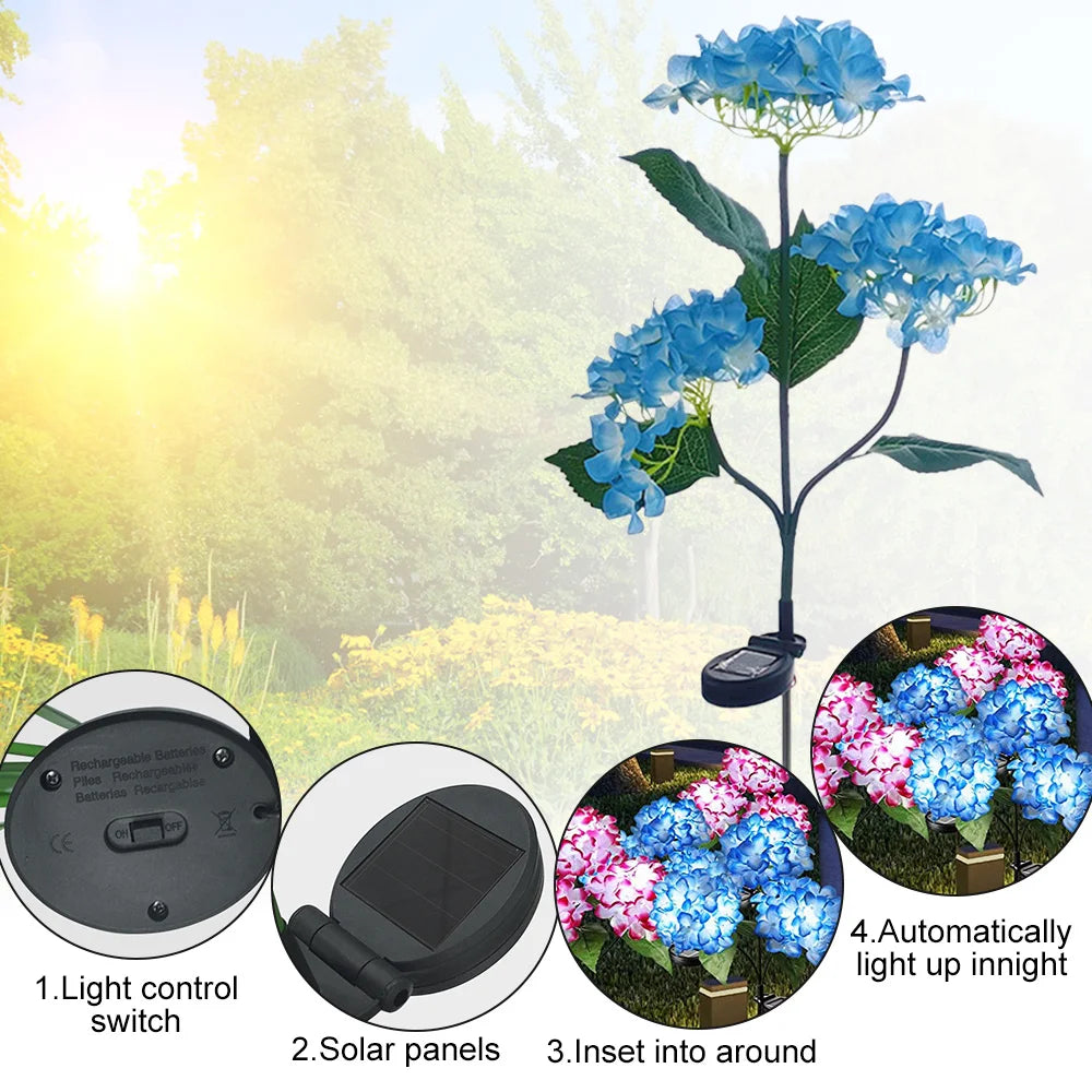 Solar LED 3-Kopf Hortensien-Rosenblumenlampe – Außen Garten, Rasen, Terrasse & Wegdekoration Kaufschwan®