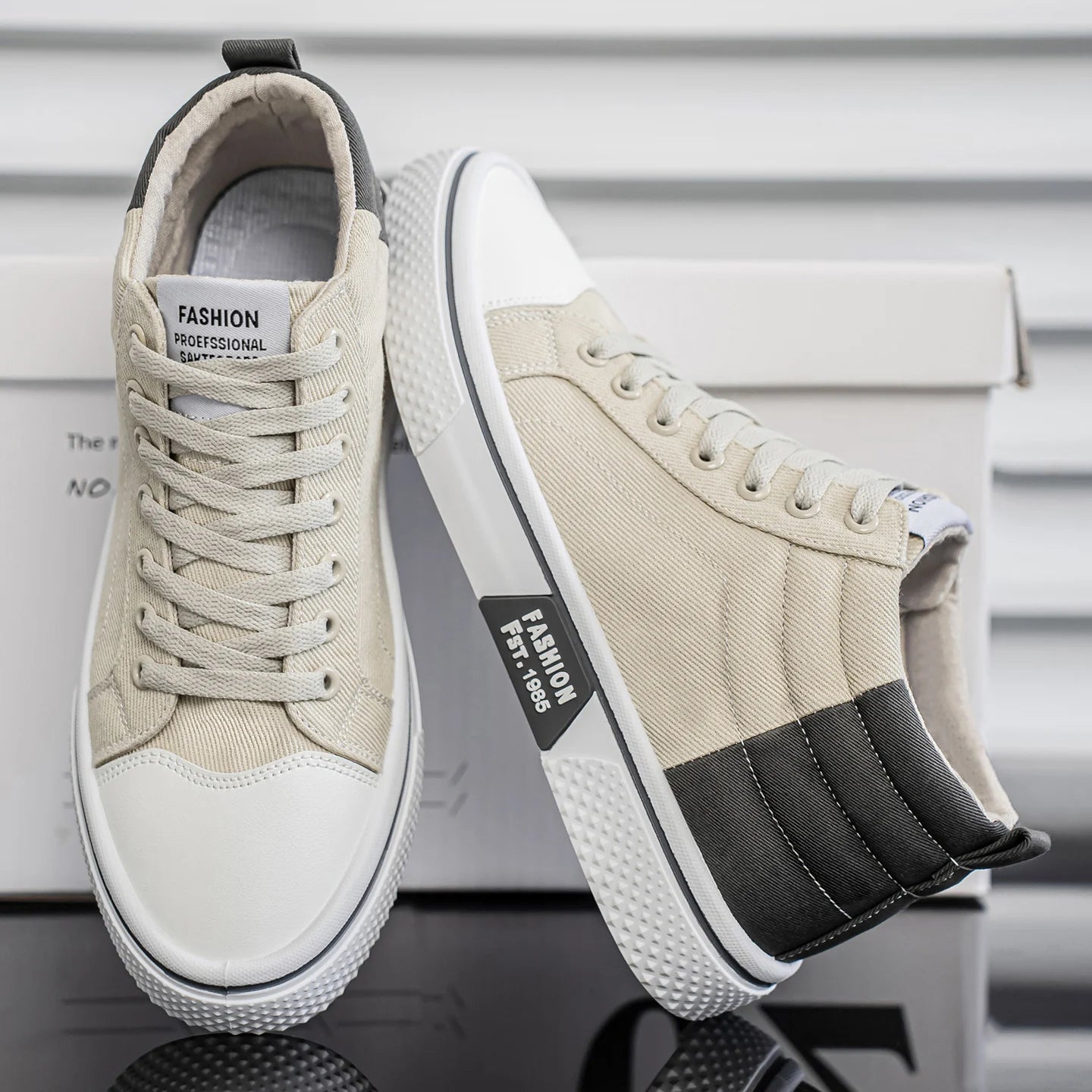 Herren Canvas Mid-Top Schuhe – Modische Leichte Sneaker | Bequeme Outdoor Wanderschuhe in Blau & Beige Kaufschwan®
