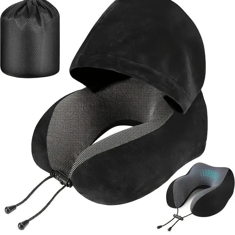 Memory Foam U Förmiges Reisekissen mit Kapuze – Tragbares Nackenkissen für Reisen, Büro und Zuhause Kaufschwan® Schwarz 25x23x15cm