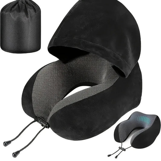 Memory Foam U Förmiges Reisekissen mit Kapuze – Tragbares Nackenkissen für Reisen, Büro und Zuhause Kaufschwan® Schwarz 25x23x15cm