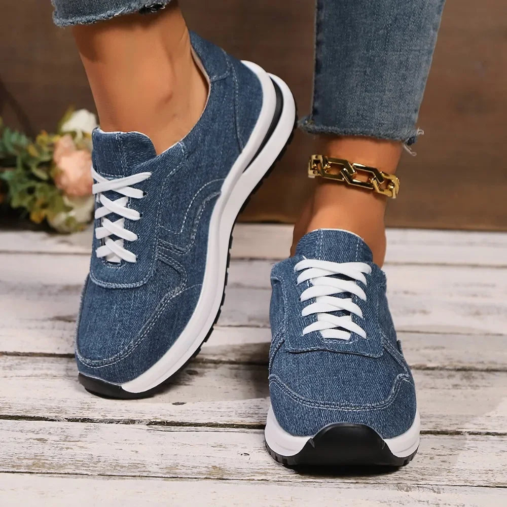 Blaue Denim Damen Plateau-Sneaker – Modische Schnürschuhe mit Dicker Sohle | Bequeme Freizeit-Sneaker in Übergrößen bis 43 Kaufschwan®