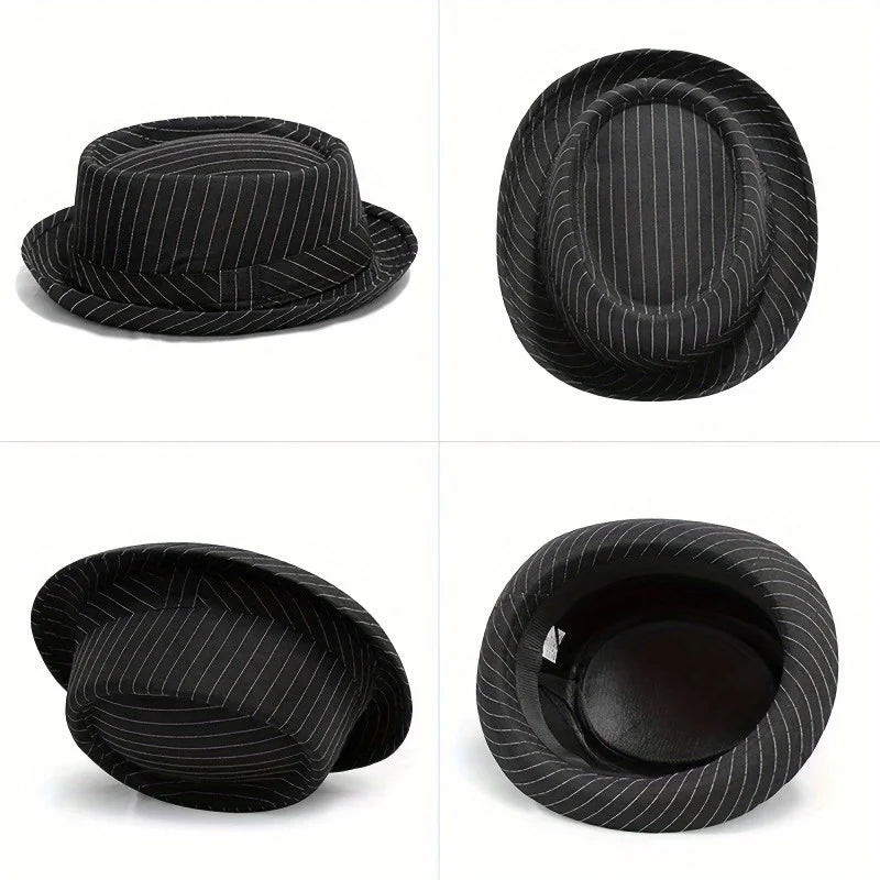 Klassischer gestreifter Fedora Hut – Kurzkrempiger Woll-Jazzhut für Damen & Herren, Schwarz-Weiß Streifen, Freizeit & Formal Kaufschwan®