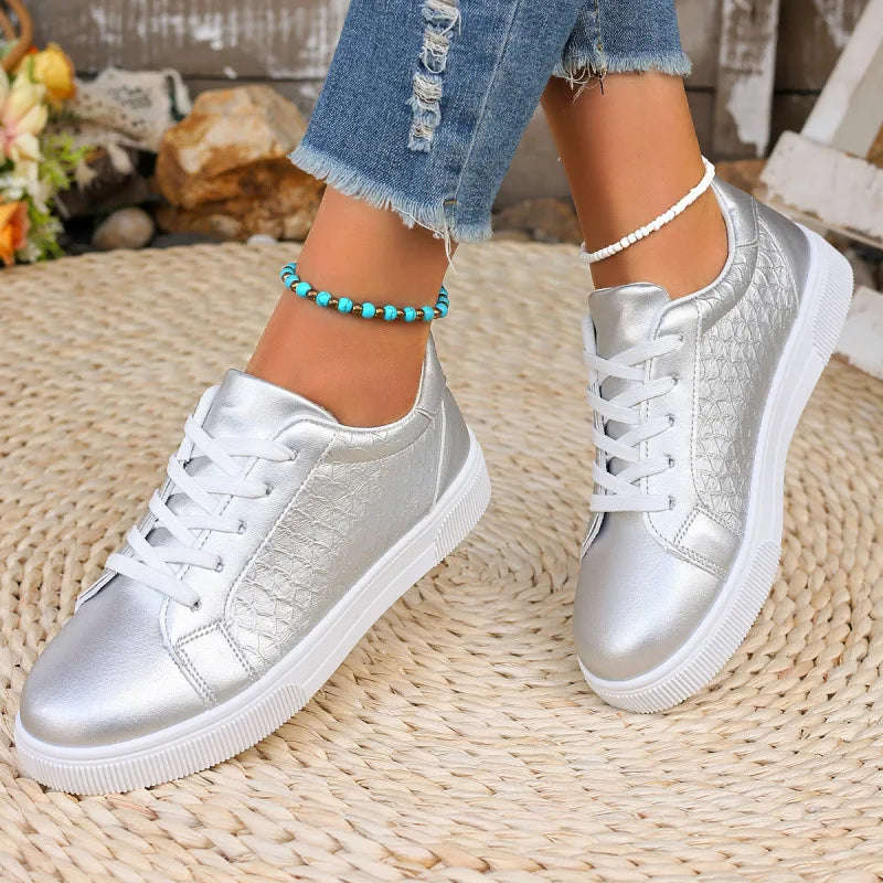 Damen Sneaker in Gold & Silber – Übergröße 42 | Frühling & Herbst Schnürschuhe aus Weichem PU Leder | Modische Freizeitschuhe Kaufschwan®