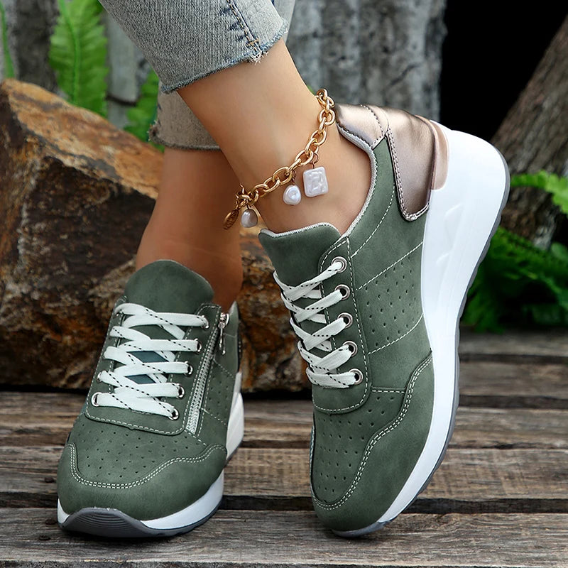 Damen Keil-Sneaker in Übergrößen – Frühling Schnürschuhe mit Plateau-Sohle | Leichte, Rutschfeste Freizeit-Schuhe Kaufschwan® Armeegrün 40