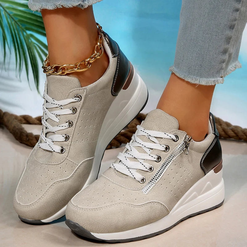 Damen Keil-Sneaker in Übergrößen – Frühling Schnürschuhe mit Plateau-Sohle | Leichte, Rutschfeste Freizeit-Schuhe Kaufschwan® Beige 41