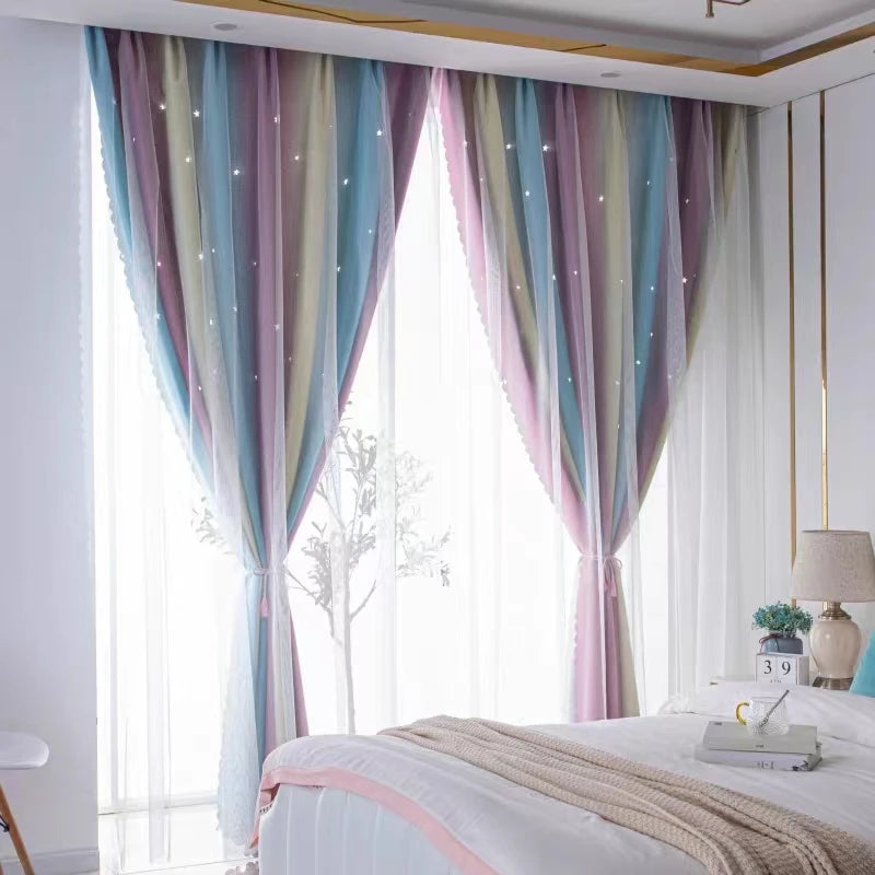 Regenbogen Farbverlauf Stern Ausschnitt Verdunkelungsvorhang Doppel Lage mit Ösen für Schlafzimmer Wohnzimmer 2 Stück/Set Kaufschwan®