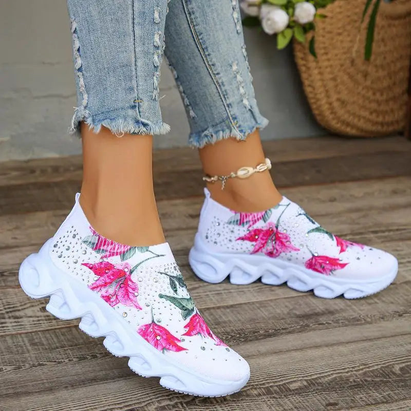 Kristall Blumen Damen Strick-Sneaker – Sommer Atmungsaktive Air Mesh Freizeitschuhe | Leichte Sportschuhe & Walking Flats Kaufschwan®