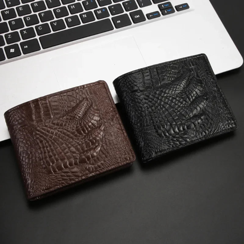 Retro Herren Geldbörse aus Leder – 3D Krokodil Muster | Kurze Querformat Brieftasche mit Geldklammer & Polyesterfutter Kaufschwan®