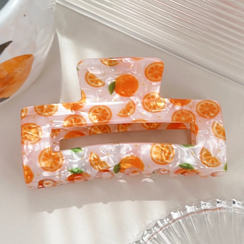Acryl Haarklammer mit Fruchtmotiv – Quadratische offene Form, großer Shark-Clip für dickes Haar Kaufschwan® Orange