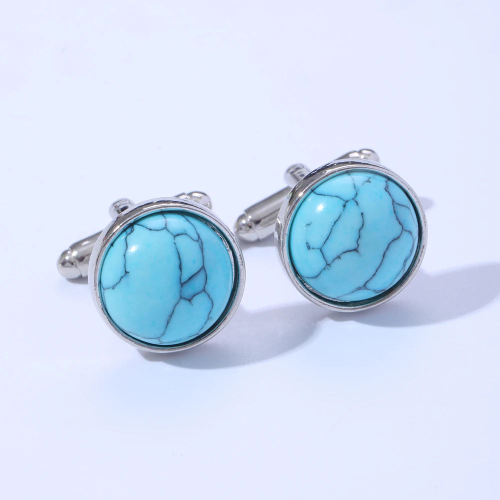Blaue Stein Manschettenknöpfe – Elegante Unisex Schmuck Accessoires | Runde Metall Ärmelknöpfe für Anzüge & Feste Kaufschwan®